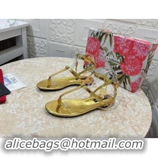 Low Cost Dolce & Gabbana DG Karung Flat Thong Sandals with Chain Lock in Patent Leather Gold 506084