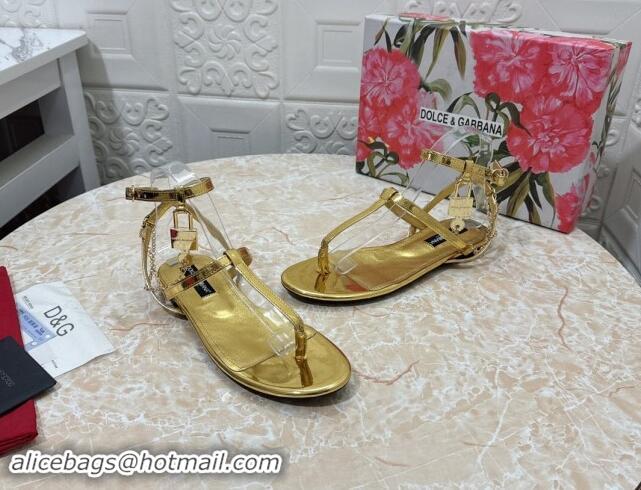 Low Cost Dolce & Gabbana DG Karung Flat Thong Sandals with Chain Lock in Patent Leather Gold 506084