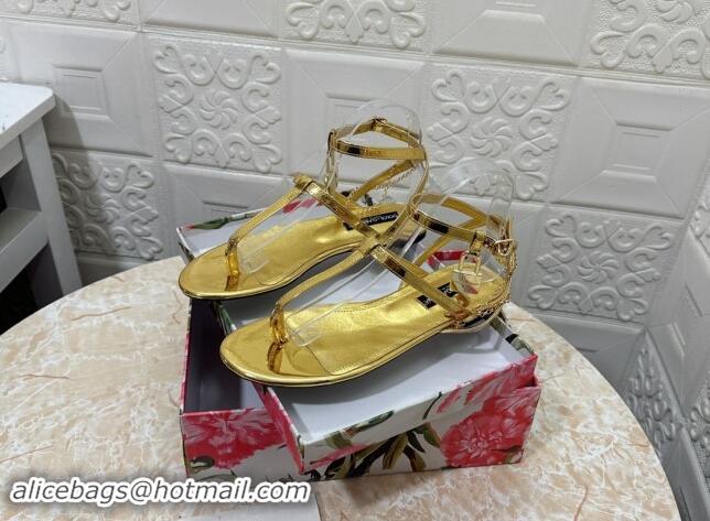 Low Cost Dolce & Gabbana DG Karung Flat Thong Sandals with Chain Lock in Patent Leather Gold 506084