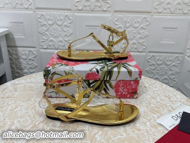 Low Cost Dolce & Gabbana DG Karung Flat Thong Sandals with Chain Lock in Patent Leather Gold 506084