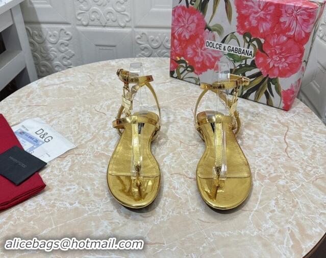 Low Cost Dolce & Gabbana DG Karung Flat Thong Sandals with Chain Lock in Patent Leather Gold 506084