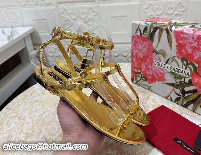 Low Cost Dolce & Gabbana DG Karung Flat Thong Sandals with Chain Lock in Patent Leather Gold 506084