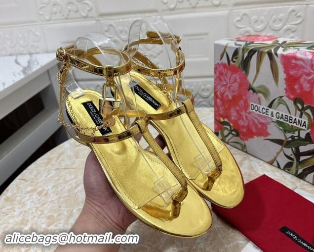 Low Cost Dolce & Gabbana DG Karung Flat Thong Sandals with Chain Lock in Patent Leather Gold 506084