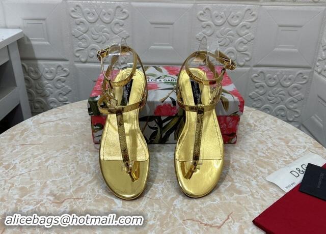 Low Cost Dolce & Gabbana DG Karung Flat Thong Sandals with Chain Lock in Patent Leather Gold 506084