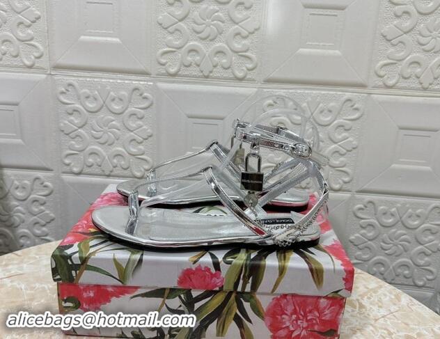 Pretty Style Dolce & Gabbana DG Karung Flat Thong Sandals with Chain Lock in Patent Leather Silver 506085