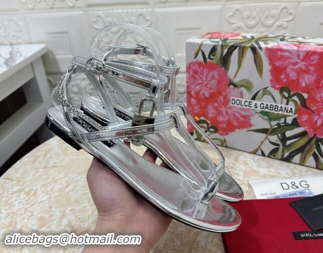 Pretty Style Dolce & Gabbana DG Karung Flat Thong Sandals with Chain Lock in Patent Leather Silver 506085