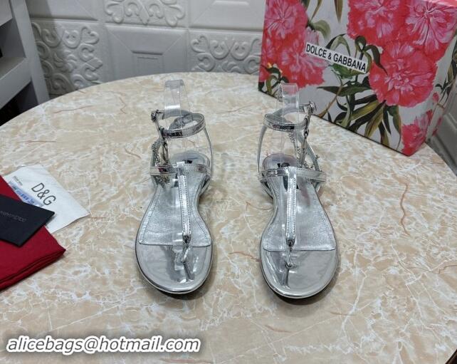 Pretty Style Dolce & Gabbana DG Karung Flat Thong Sandals with Chain Lock in Patent Leather Silver 506085