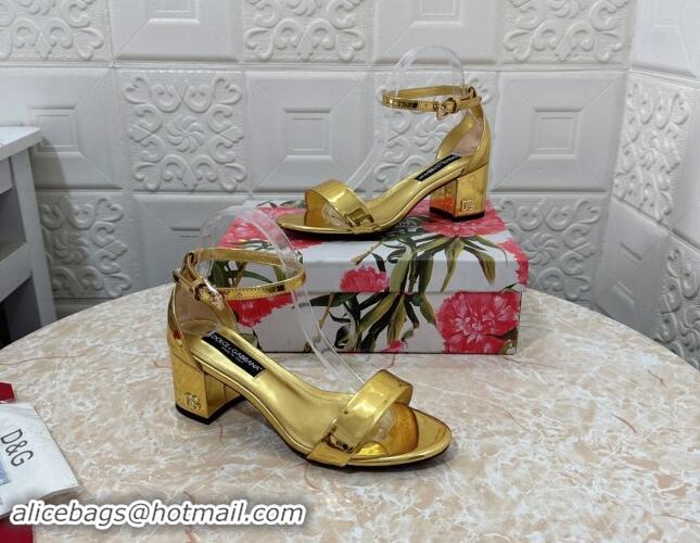 Popular Style Dolce & Gabbana DG Patent Leather Heel Sandals 6cm Gold 506093