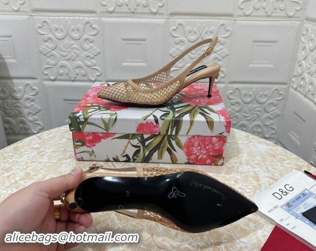 Luxurious Dolce & Gabbana DG Patent Leather and Mesh Slingbacks Pumps 6.5cm Beige 506096