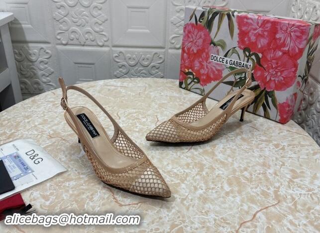 Luxurious Dolce & Gabbana DG Patent Leather and Mesh Slingbacks Pumps 6.5cm Beige 506096