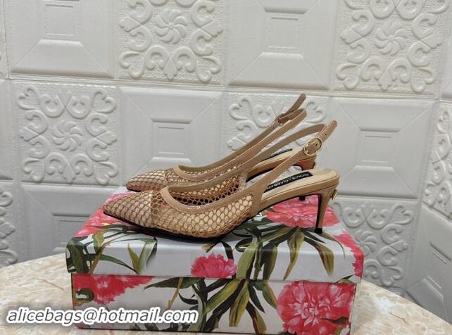 Luxurious Dolce & Gabbana DG Patent Leather and Mesh Slingbacks Pumps 6.5cm Beige 506096