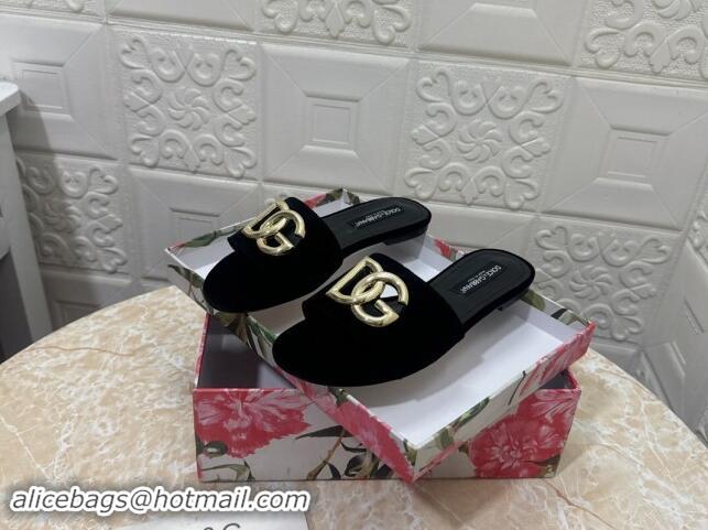 Buy Luxury Dolce & Gabbana DG Velvet Flat Slide Sandals Black 604091