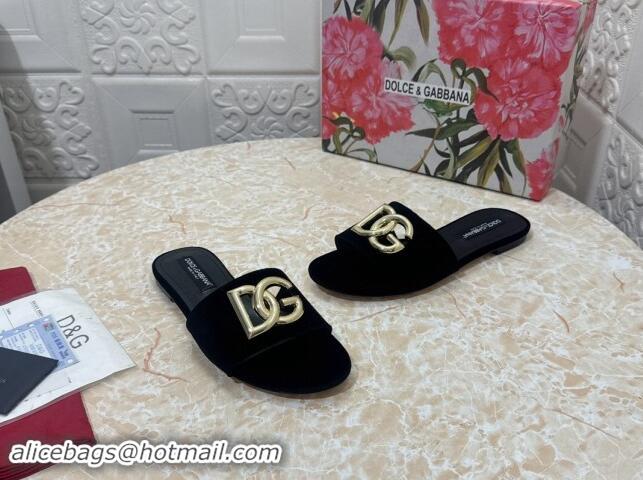 Buy Luxury Dolce & Gabbana DG Velvet Flat Slide Sandals Black 604091