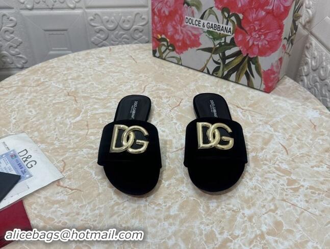 Buy Luxury Dolce & Gabbana DG Velvet Flat Slide Sandals Black 604091