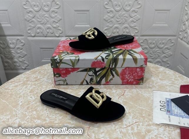 Buy Luxury Dolce & Gabbana DG Velvet Flat Slide Sandals Black 604091