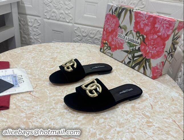 Buy Luxury Dolce & Gabbana DG Velvet Flat Slide Sandals Black 604091