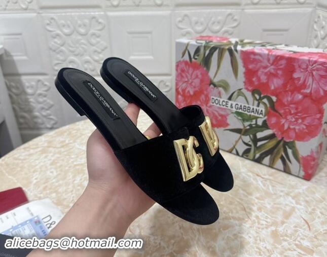 Buy Luxury Dolce & Gabbana DG Velvet Flat Slide Sandals Black 604091