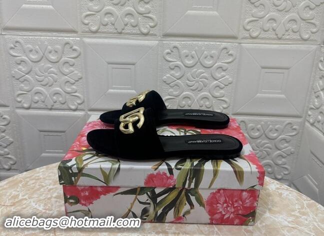 Buy Luxury Dolce & Gabbana DG Velvet Flat Slide Sandals Black 604091