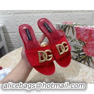 Good Quality Dolce & Gabbana DG Velvet Flat Slide Sandals Red 604092