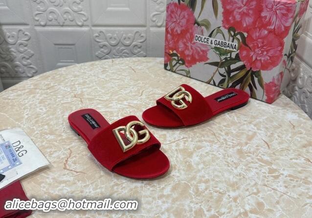 Good Quality Dolce & Gabbana DG Velvet Flat Slide Sandals Red 604092