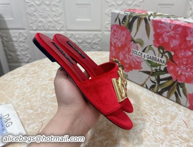 Good Quality Dolce & Gabbana DG Velvet Flat Slide Sandals Red 604092