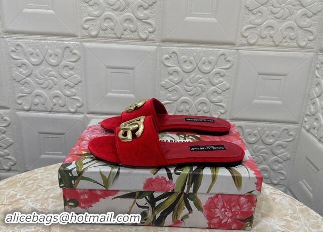 Good Quality Dolce & Gabbana DG Velvet Flat Slide Sandals Red 604092