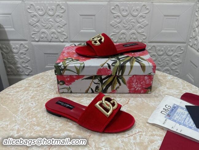 Good Quality Dolce & Gabbana DG Velvet Flat Slide Sandals Red 604092