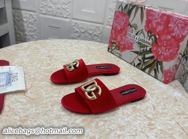 Good Quality Dolce & Gabbana DG Velvet Flat Slide Sandals Red 604092