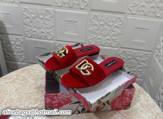 Good Quality Dolce & Gabbana DG Velvet Flat Slide Sandals Red 604092