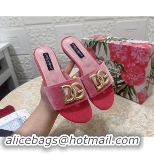 Unique Style Dolce & Gabbana DG Velvet Flat Slide Sandals Pink 604093