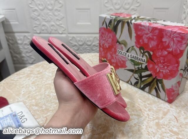 Unique Style Dolce & Gabbana DG Velvet Flat Slide Sandals Pink 604093