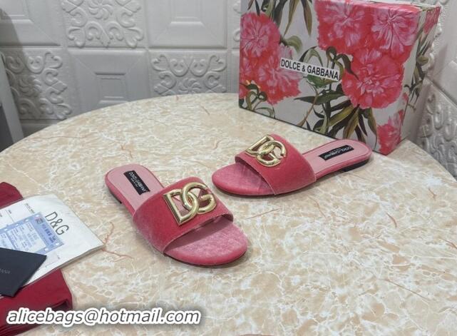 Unique Style Dolce & Gabbana DG Velvet Flat Slide Sandals Pink 604093