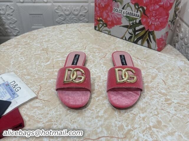 Unique Style Dolce & Gabbana DG Velvet Flat Slide Sandals Pink 604093