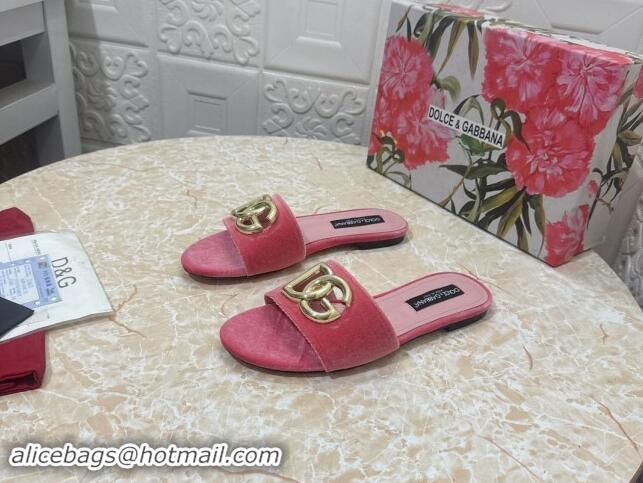 Unique Style Dolce & Gabbana DG Velvet Flat Slide Sandals Pink 604093