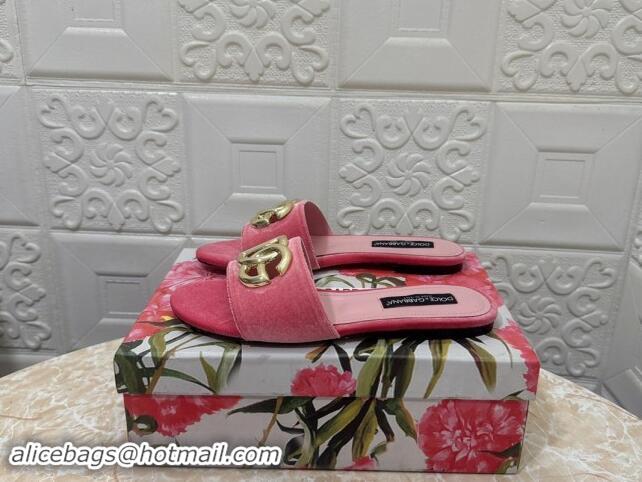 Unique Style Dolce & Gabbana DG Velvet Flat Slide Sandals Pink 604093