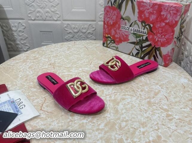 Good Looking Dolce & Gabbana DG Velvet Flat Slide Sandals Fushcia 604095