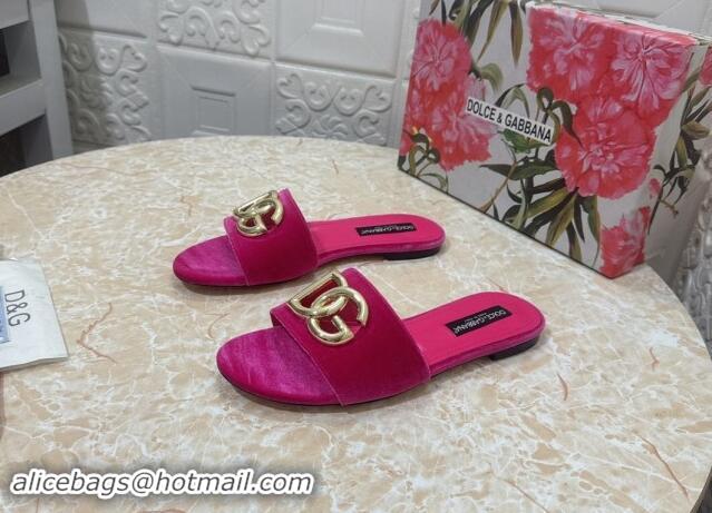 Good Looking Dolce & Gabbana DG Velvet Flat Slide Sandals Fushcia 604095