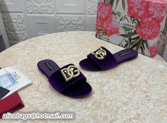 Best Product Dolce & Gabbana DG Velvet Flat Slide Sandals Purple 604096