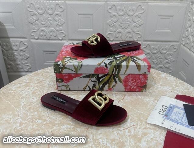 Shop Duplicate Dolce & Gabbana DG Velvet Flat Slide Sandals Burgundy 604097