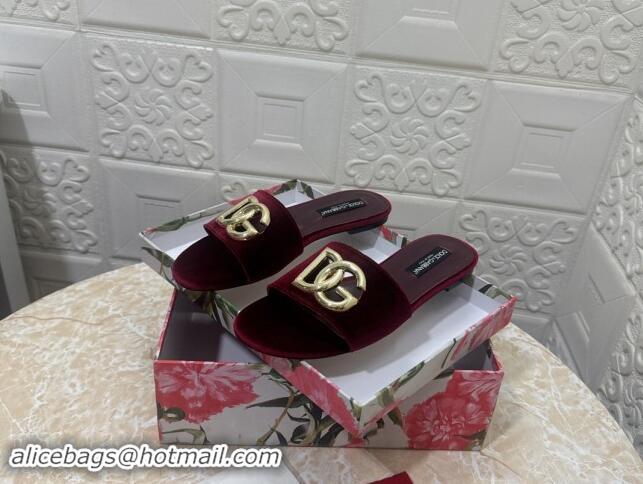 Shop Duplicate Dolce & Gabbana DG Velvet Flat Slide Sandals Burgundy 604097