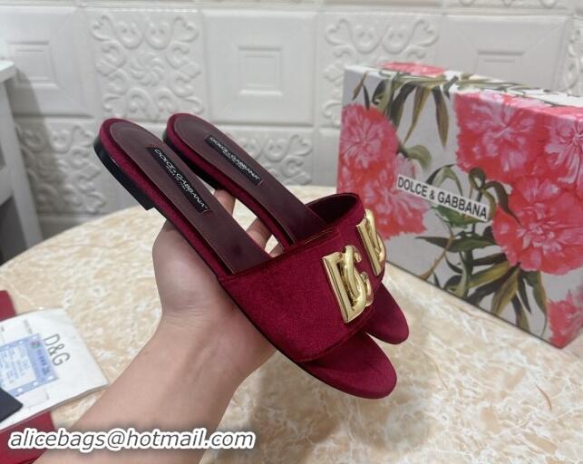 Shop Duplicate Dolce & Gabbana DG Velvet Flat Slide Sandals Burgundy 604097