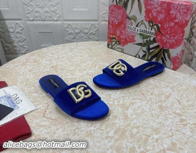 Most Popular Dolce & Gabbana DG Velvet Flat Slide Sandals Blue 604098