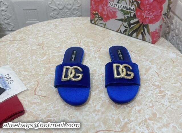 Most Popular Dolce & Gabbana DG Velvet Flat Slide Sandals Blue 604098