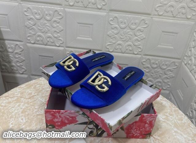 Most Popular Dolce & Gabbana DG Velvet Flat Slide Sandals Blue 604098