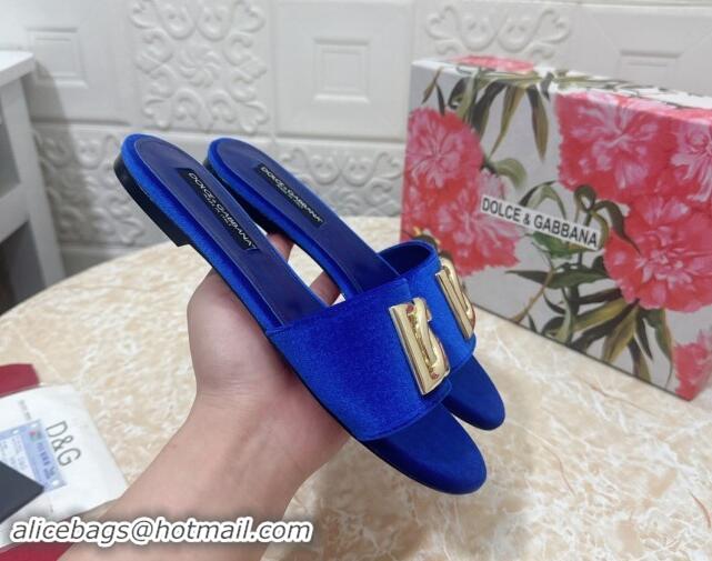 Most Popular Dolce & Gabbana DG Velvet Flat Slide Sandals Blue 604098