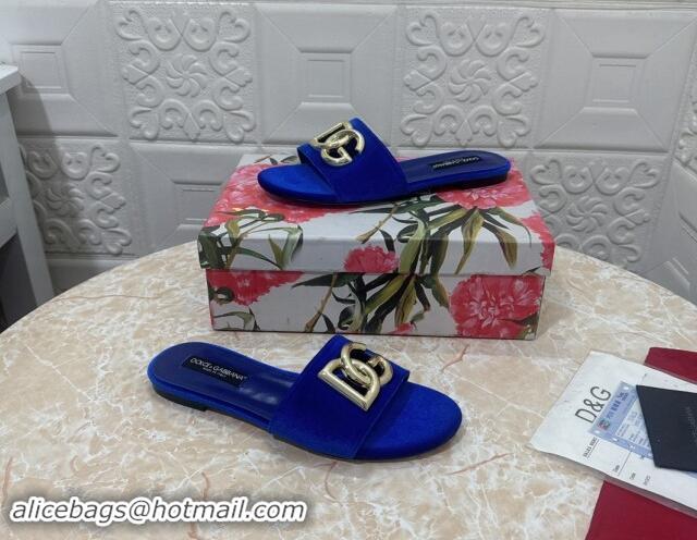 Most Popular Dolce & Gabbana DG Velvet Flat Slide Sandals Blue 604098