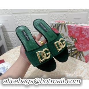 Original Cheap Dolce & Gabbana DG Velvet Flat Slide Sandals Green 604099