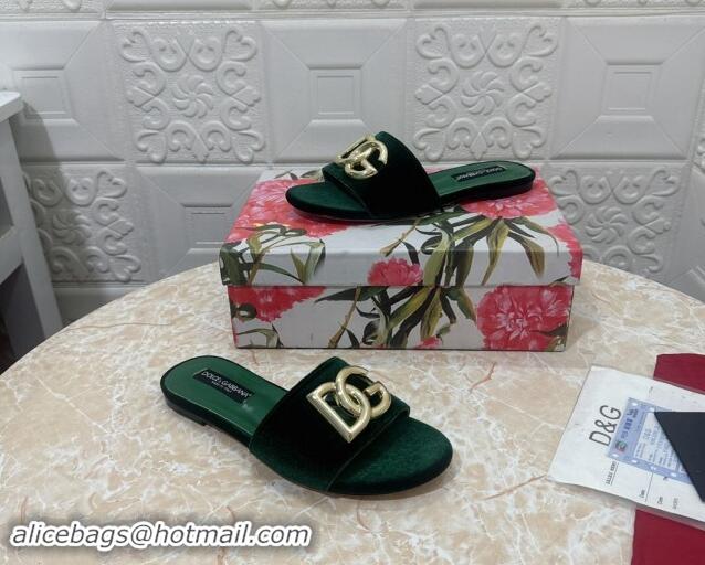 Original Cheap Dolce & Gabbana DG Velvet Flat Slide Sandals Green 604099