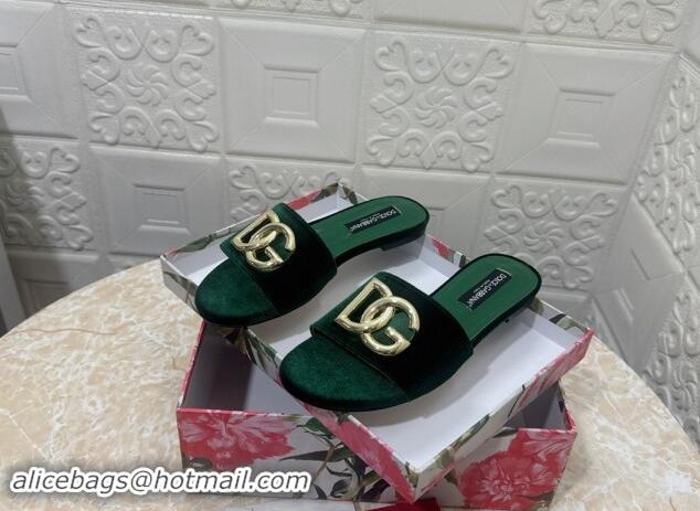 Original Cheap Dolce & Gabbana DG Velvet Flat Slide Sandals Green 604099