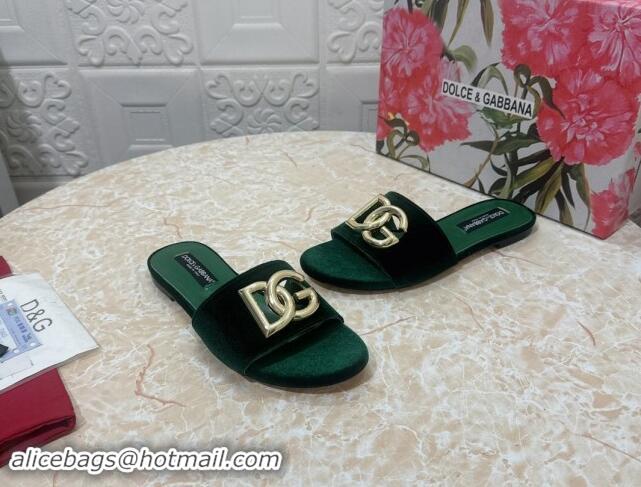 Original Cheap Dolce & Gabbana DG Velvet Flat Slide Sandals Green 604099